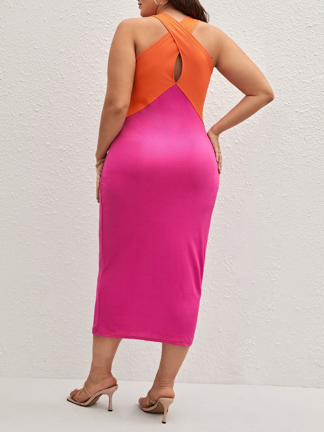 Plus Two Tone Cut Out Front Halter Bodycon Dress